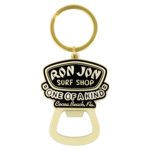 Ron Jon Cocoa Beach FL Black and Matte Gold Badge Keychain Bottle Opener