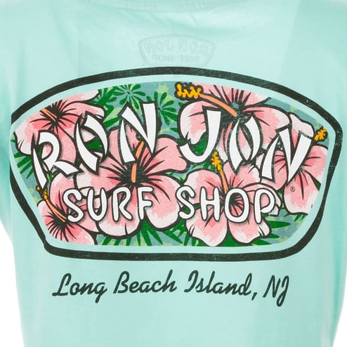 Ron Jon Women's Long Beach Island NJ Distressed Hibiscus Badge Tee